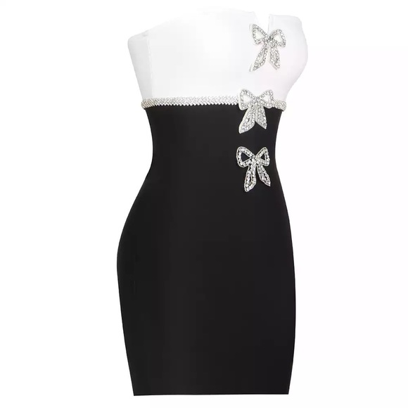 Lena Vie Crystal Bow Black And White Bandage Dress With Bow Crystal Appliqués - Picture 5 of 9